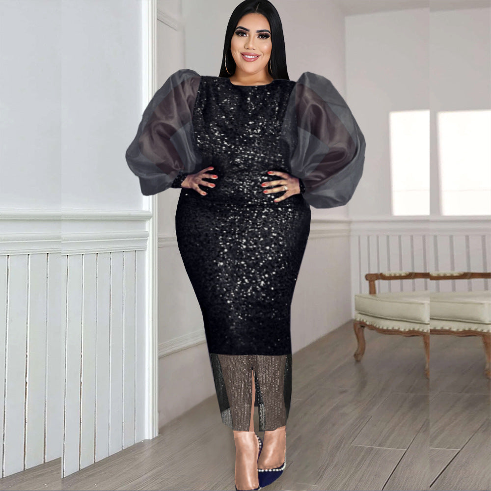 Sequin Mesh Long-sleeve dress