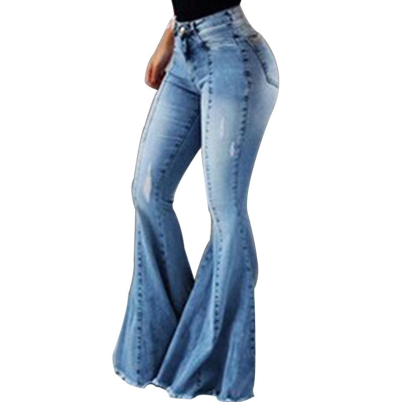 Elastic High Waist Ripped Flared