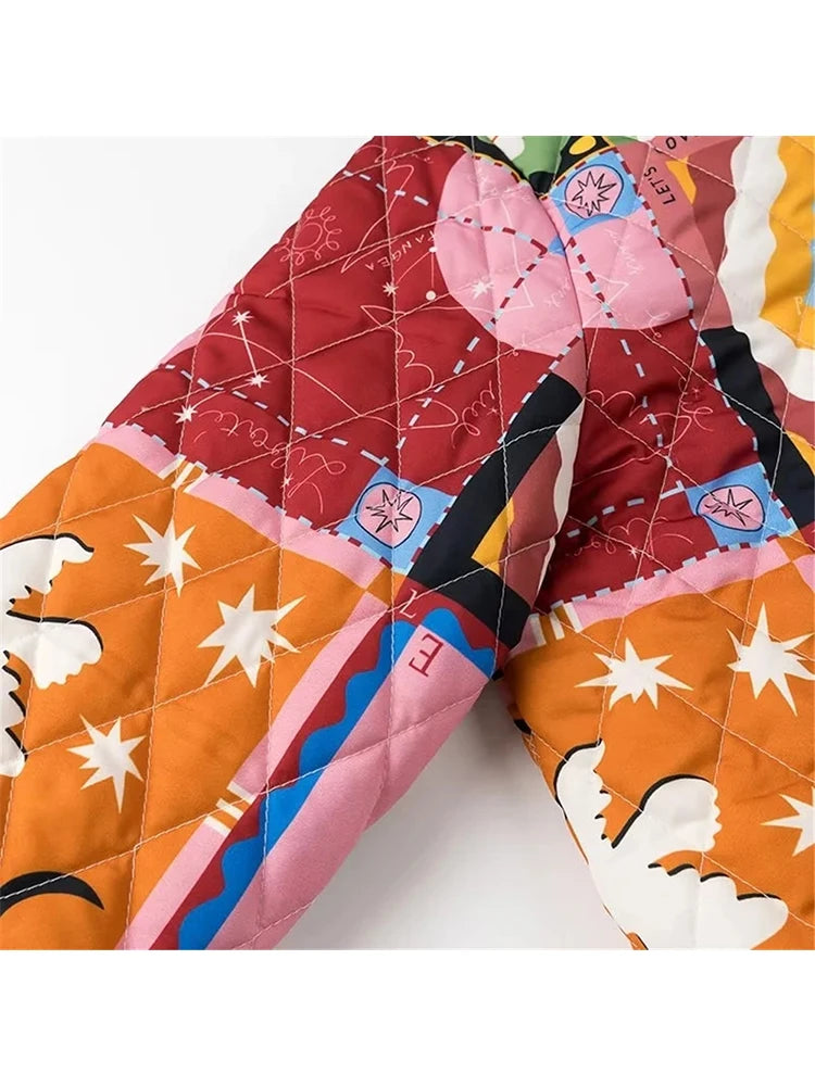 Graffiti print lapel single breasted loose cotton jacket for women