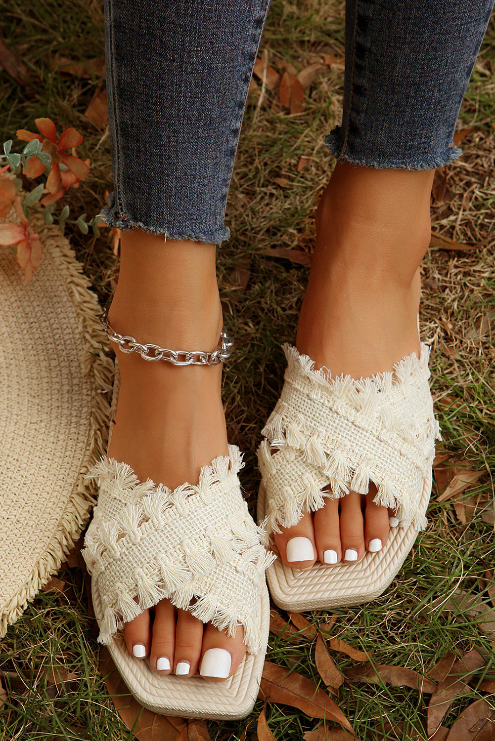 Beige Tassel Woven Crossed Straps Slippers