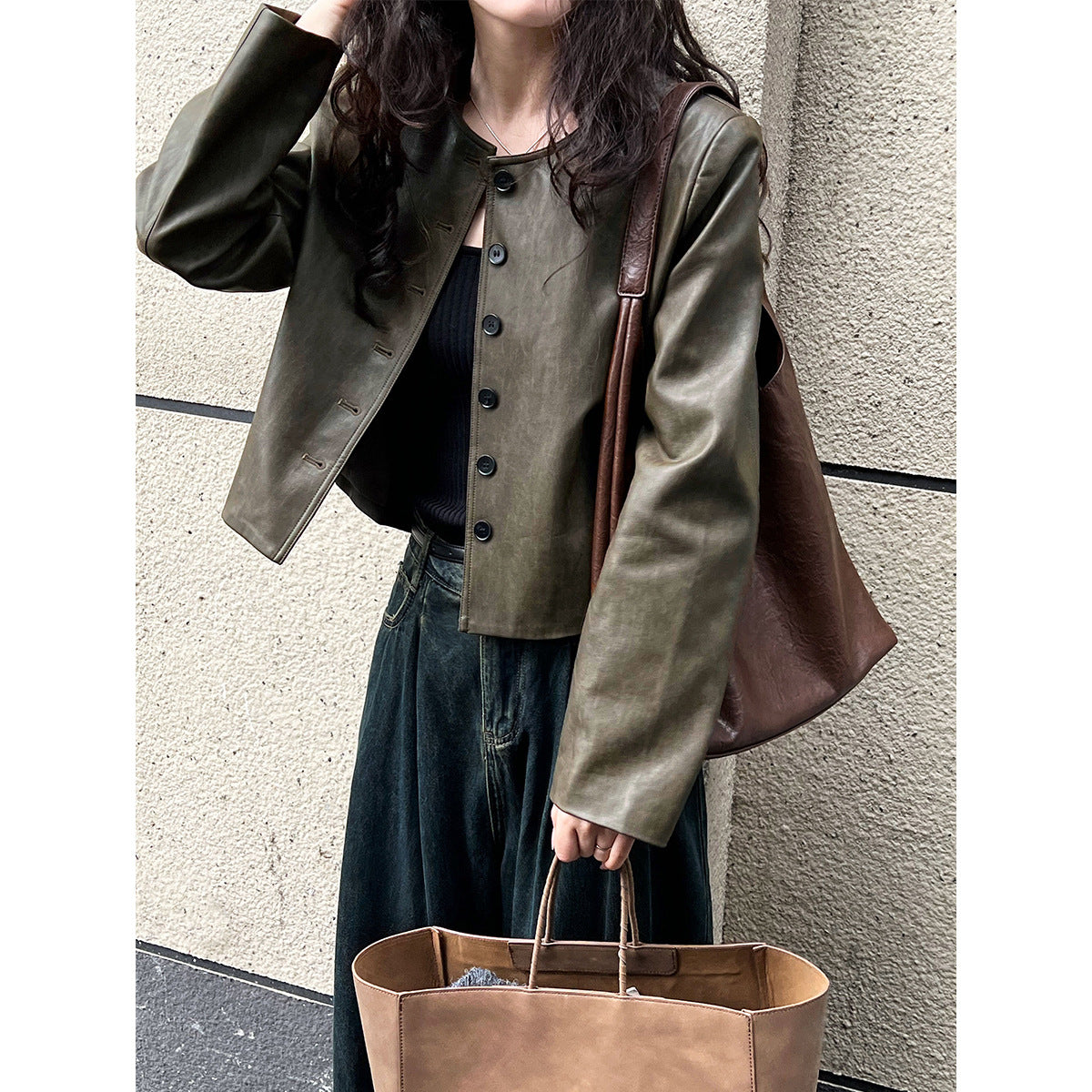 Vintage round neck leather jacket