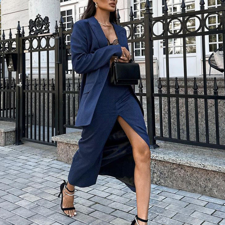 Striped Lapel Long Sleeve Skirt Two-piece Suit