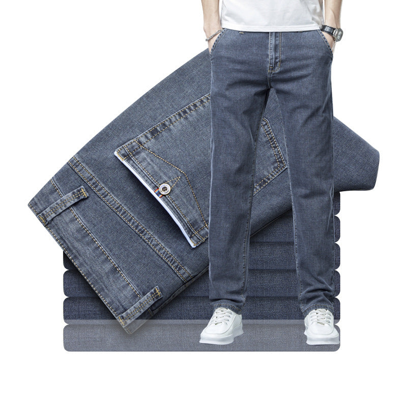 Men's Loose Elastic Jeans Straight Solid Color
