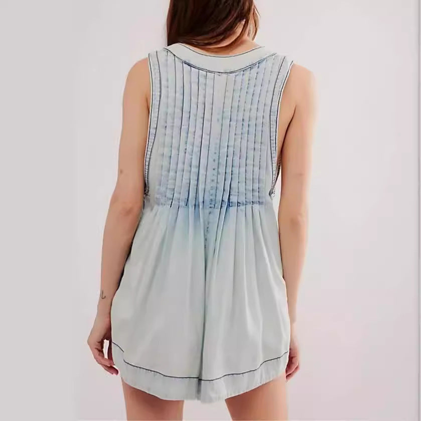 V-neck Denim Shorts Jumpsuit With Pockets Loose Beach Pants