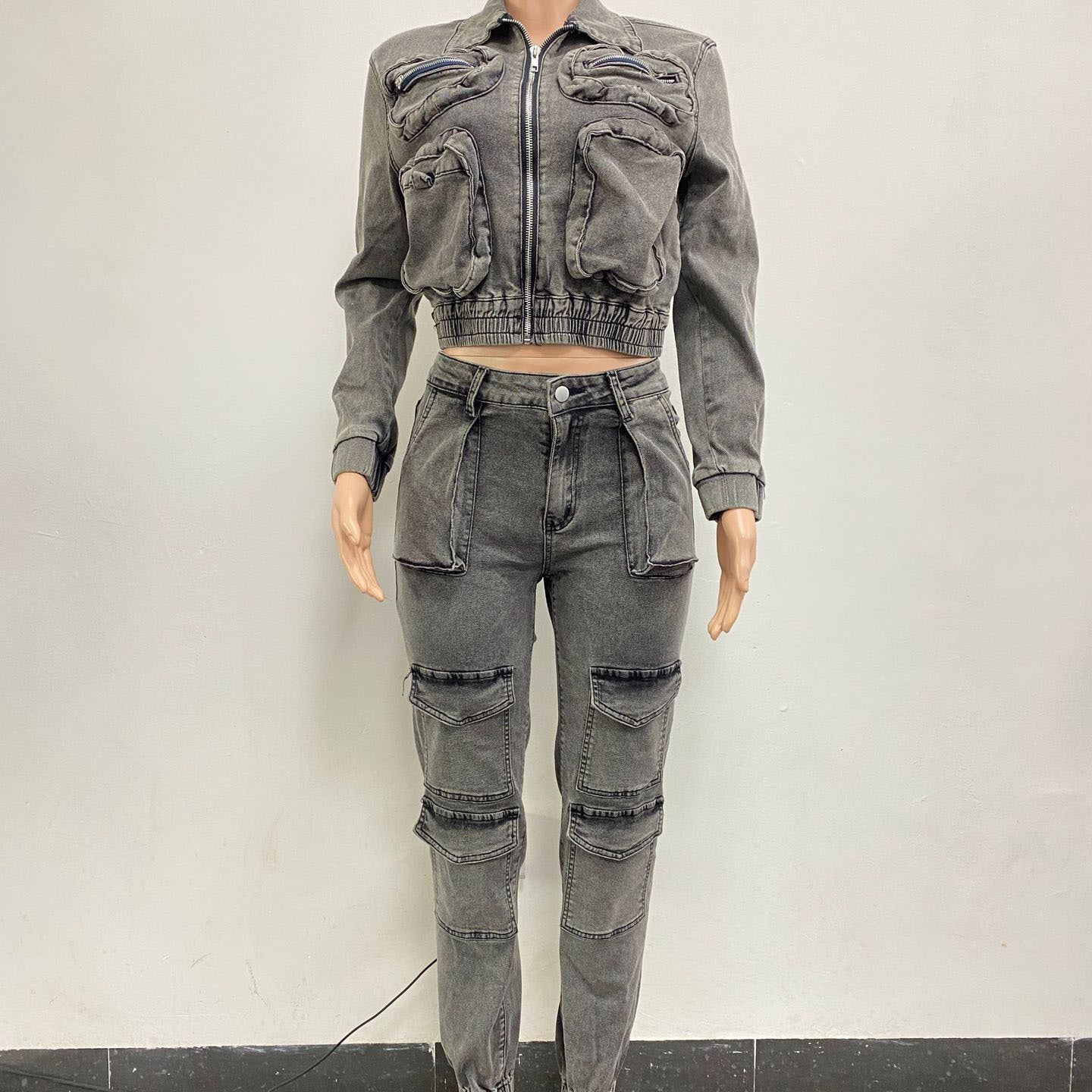 Fashion Stretchy Multi-pocket Washed Denim Sets