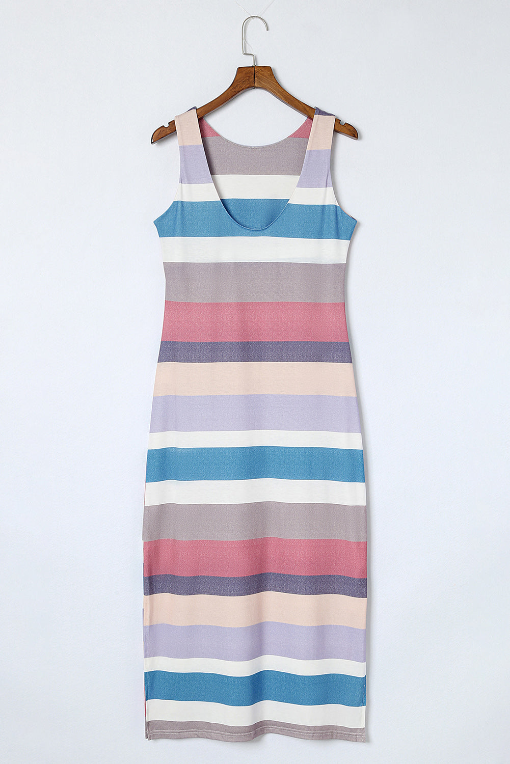 Vestido largo de tirantes con abertura y estampado de rayas multicolor