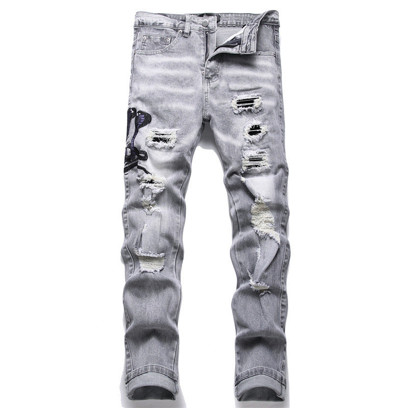 Graue Cobra-Jeans mit Loch-Patch-Stickerei für Herren
