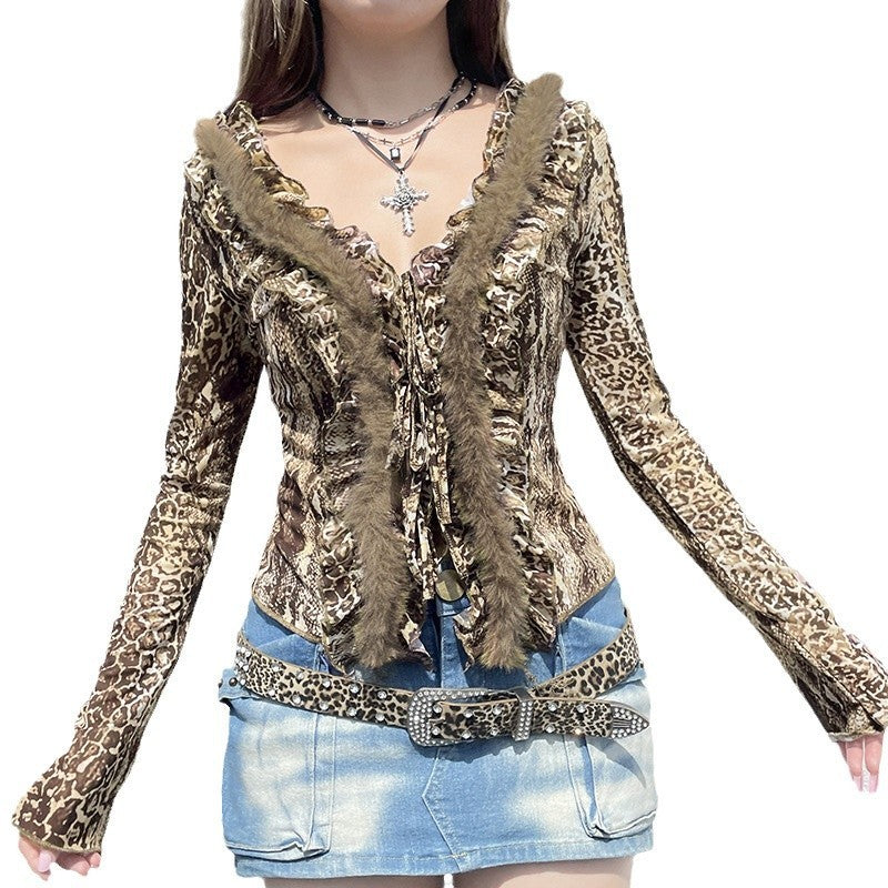 Leopard Print Fur Collar Long Sleeve Sets
