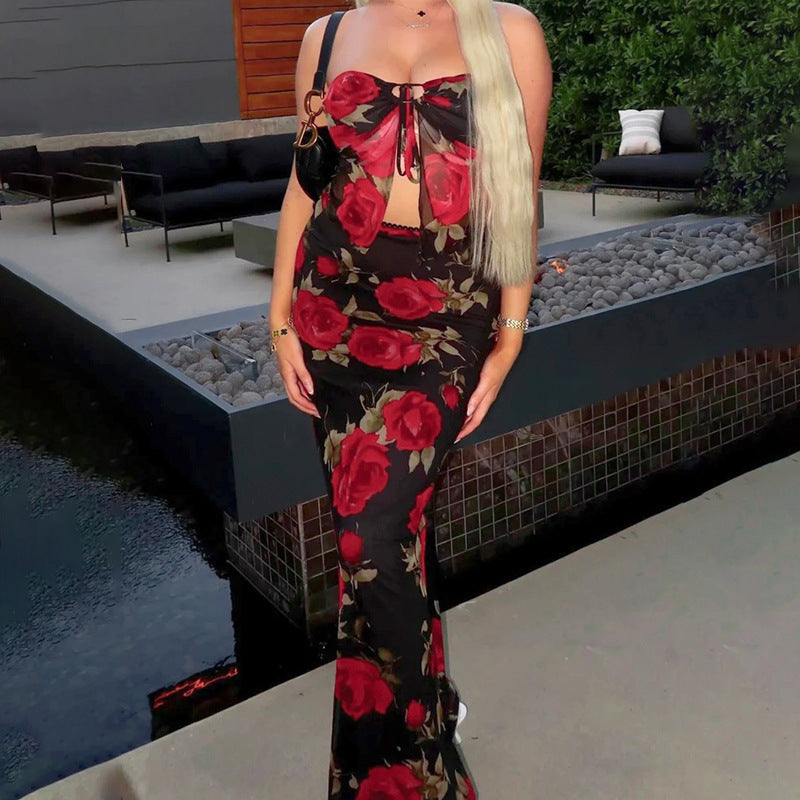 Fashion Mesh Printed Tube Top Set