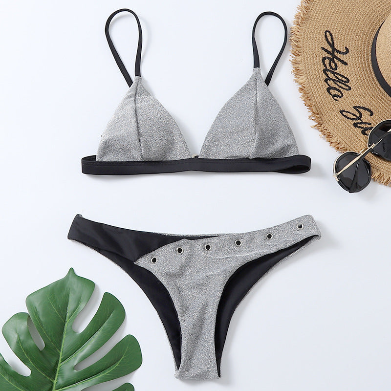 Black and Silver Retro Contrast Color Swimsuit
