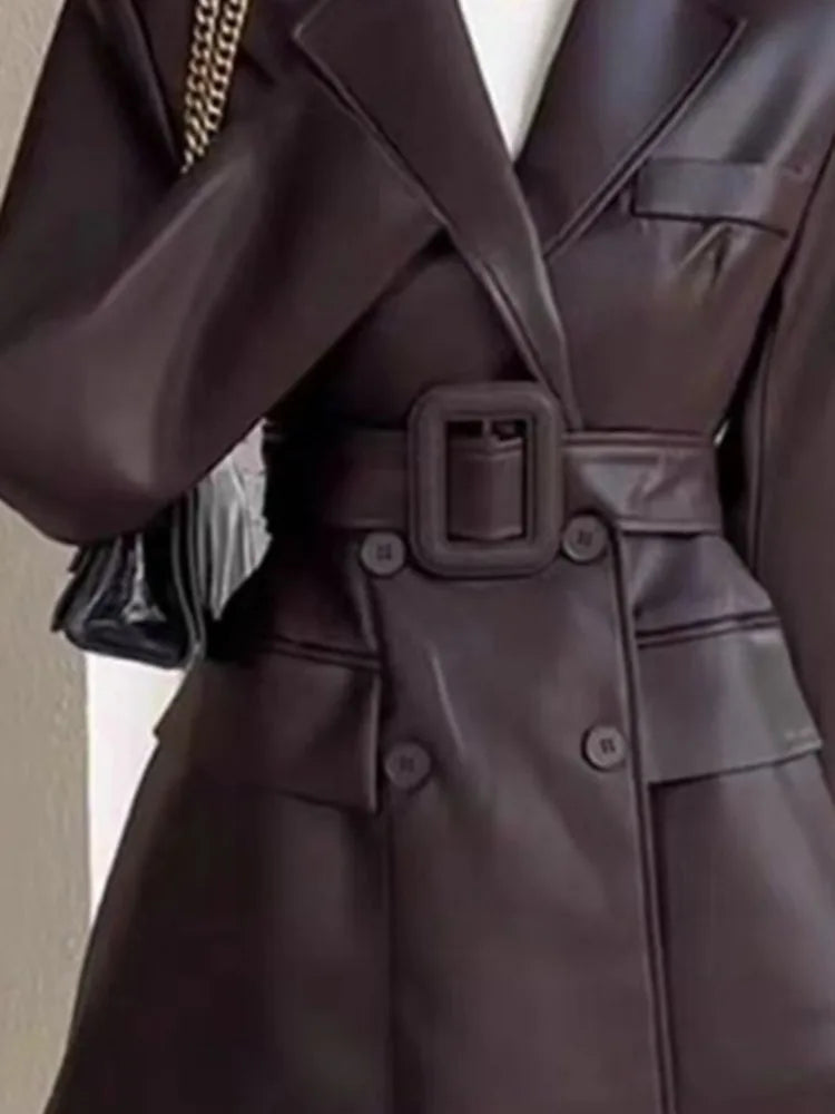 Coffee PU Leather Jacket With Belt Office Lady Coat