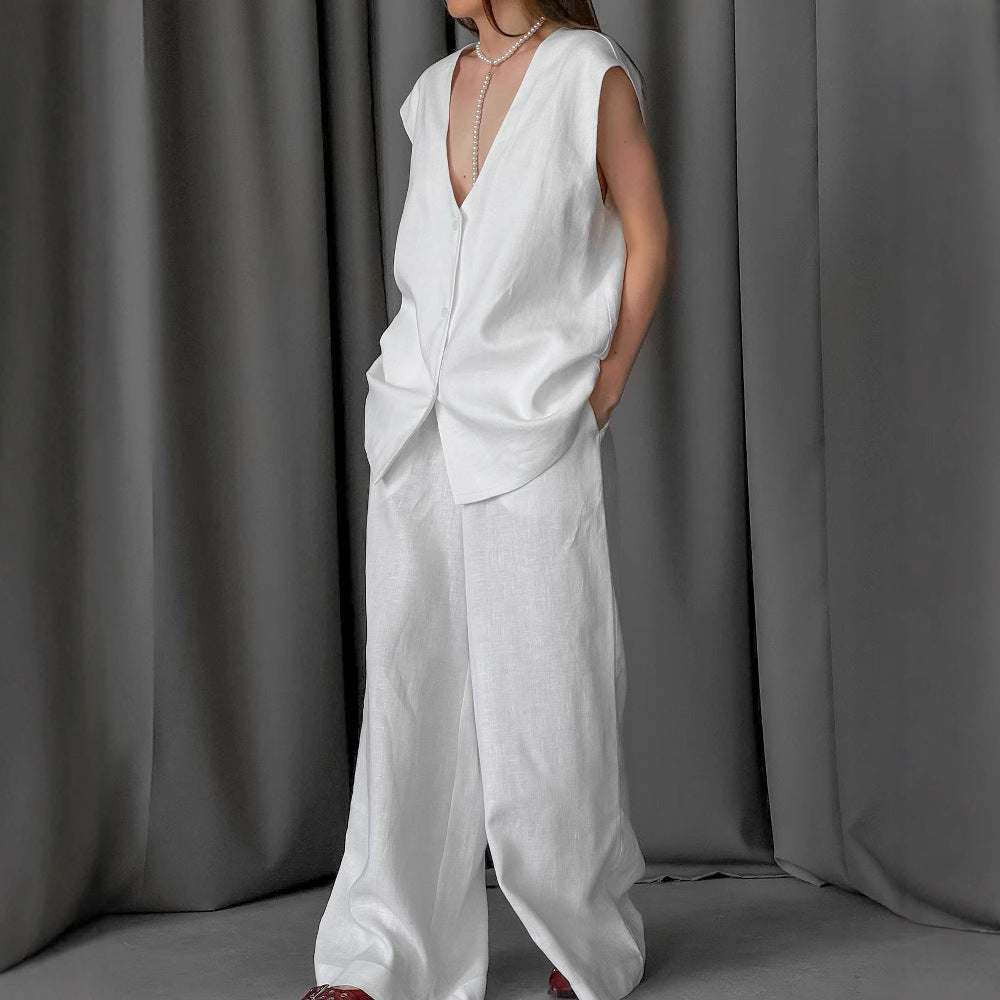 White V-neck Cotton And Linen Sleeveless Pants Suit