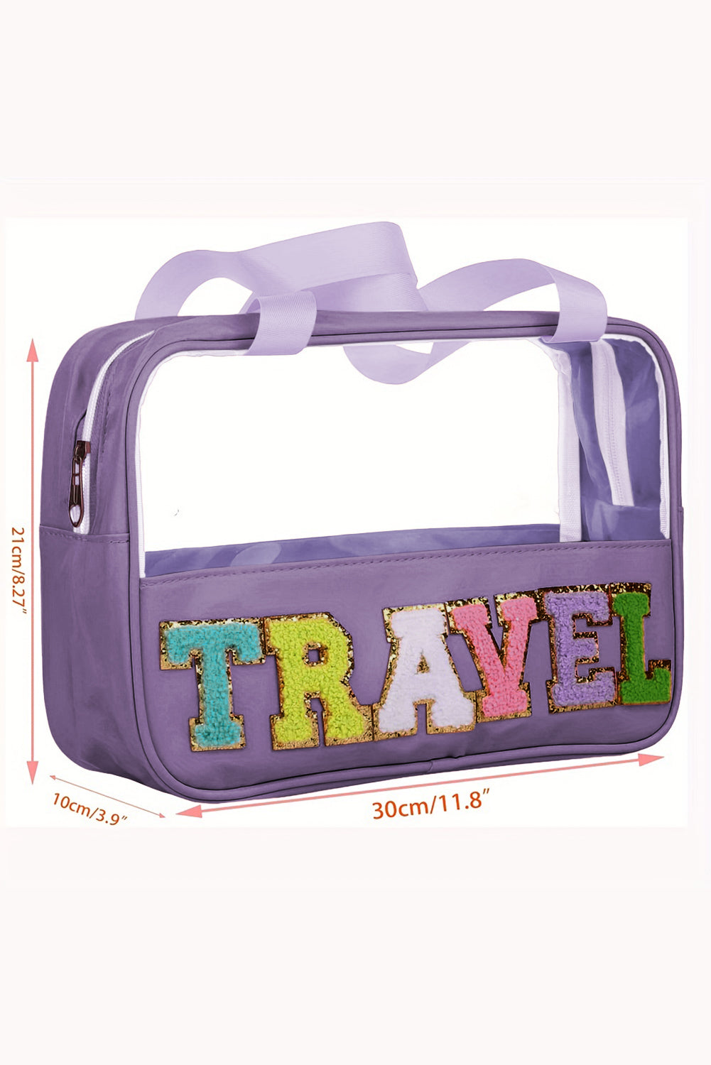 Lilafarbene Kosmetiktasche aus Chenille mit Buchstaben aus transparentem PVC