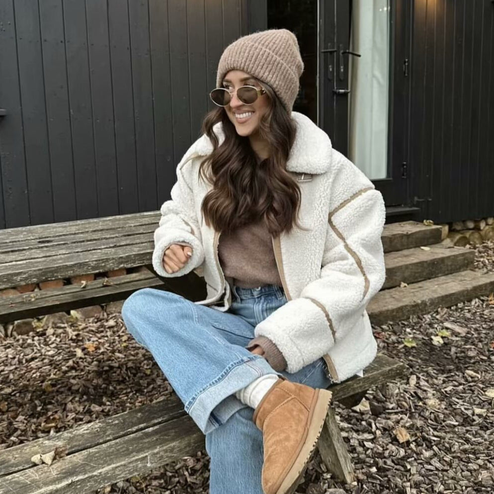 Winter lapel fleece long sleeved fur integrated jacket jacket