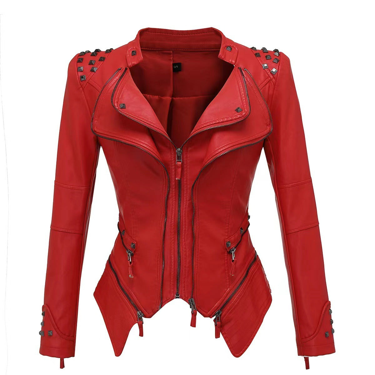 Tailed slim fit waist versatile jacket motorcycle willow nail leather jacket