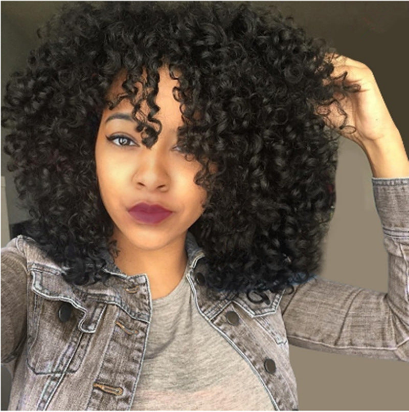 Short Curly Hair Female Wigs, Fluffy Small Curly Bangs