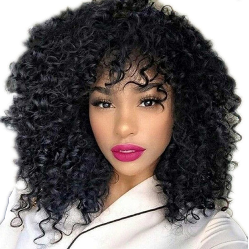 Short Curly Hair Female Wigs, Fluffy Small Curly Bangs