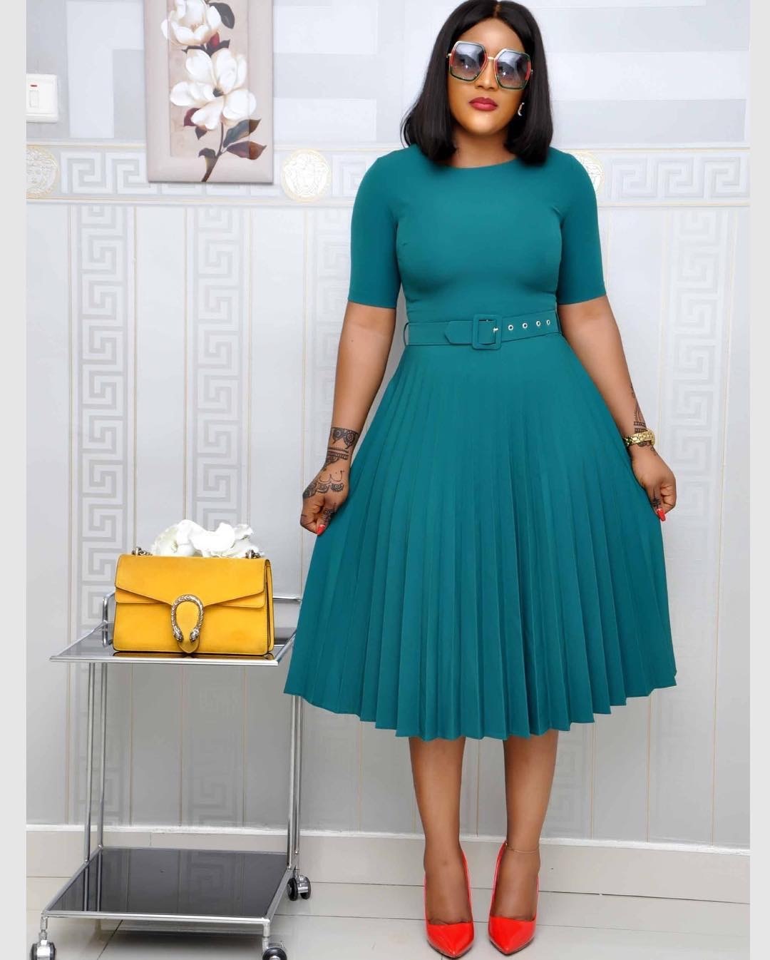 Pleated Dress with Belt around waist