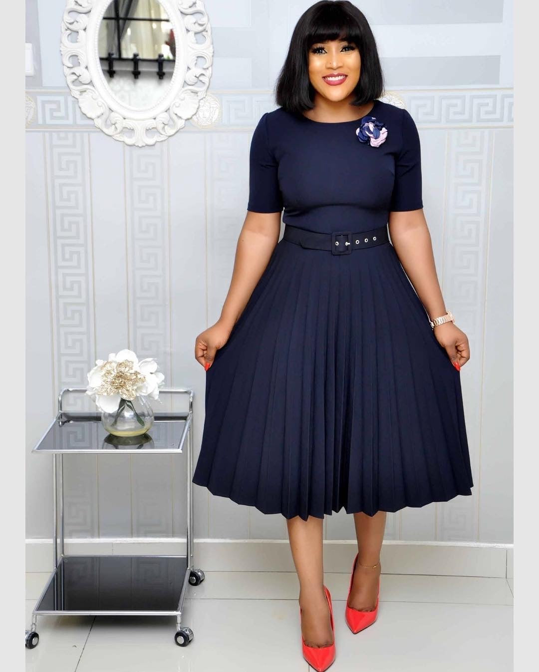 Pleated Dress with Belt around waist