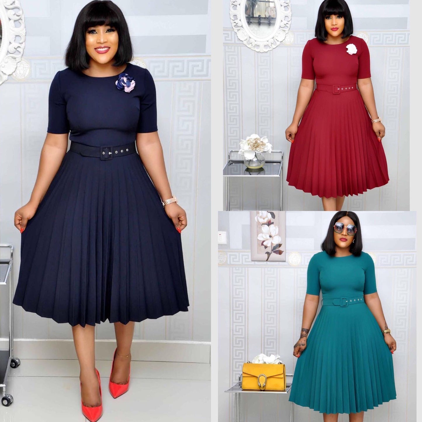 Pleated Dress with Belt around waist