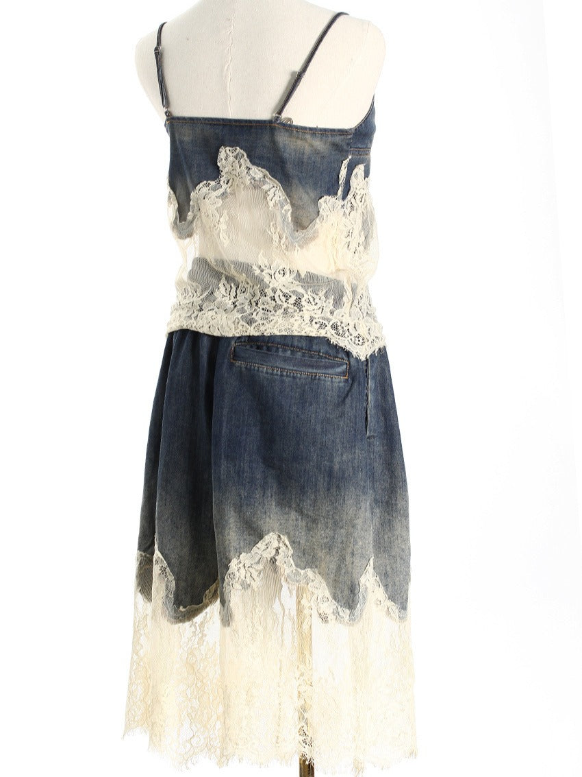 Spicy Girl Lace Splice Soft Face Denim Sling Shorts Set