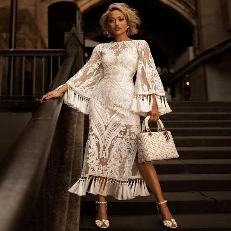 White Lace embroidered tassel dresses