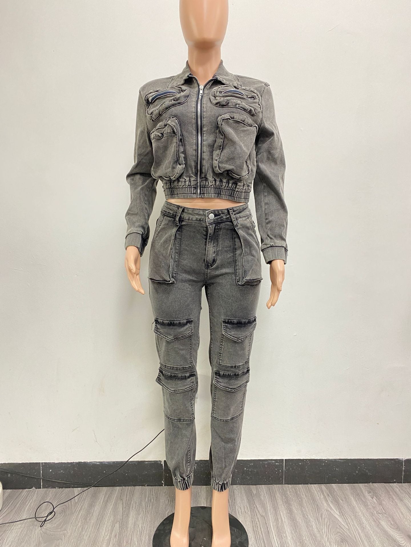 Fashion Stretchy Multi-pocket Washed Denim Sets