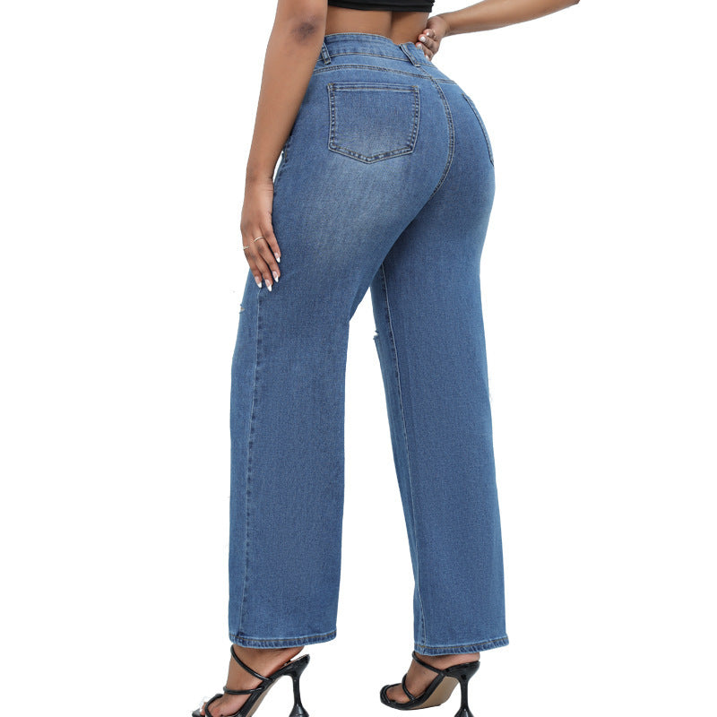 Elegant Ripped Wide-leg Jeans