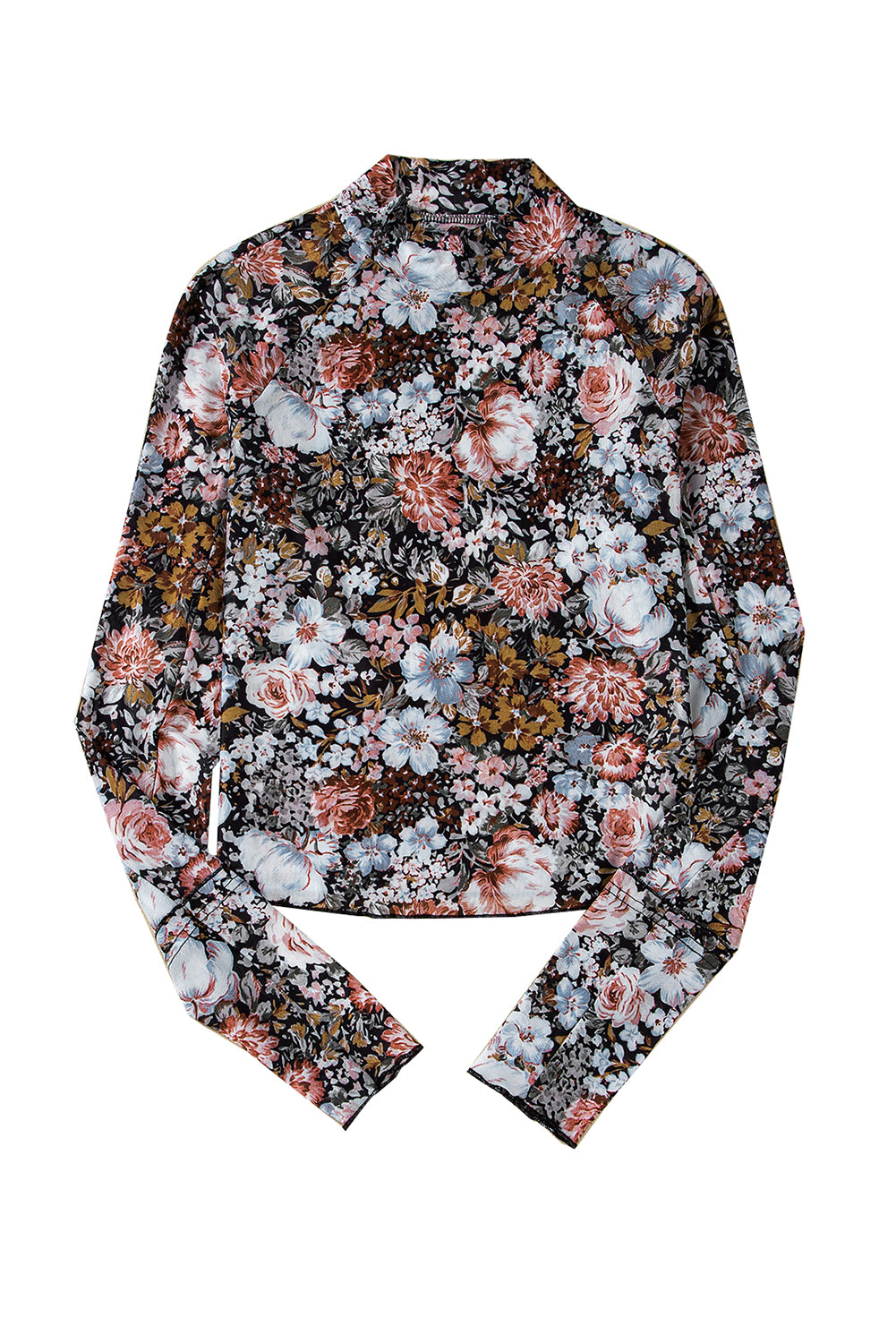 Pink Floral Print Mesh Mock Neck Slim