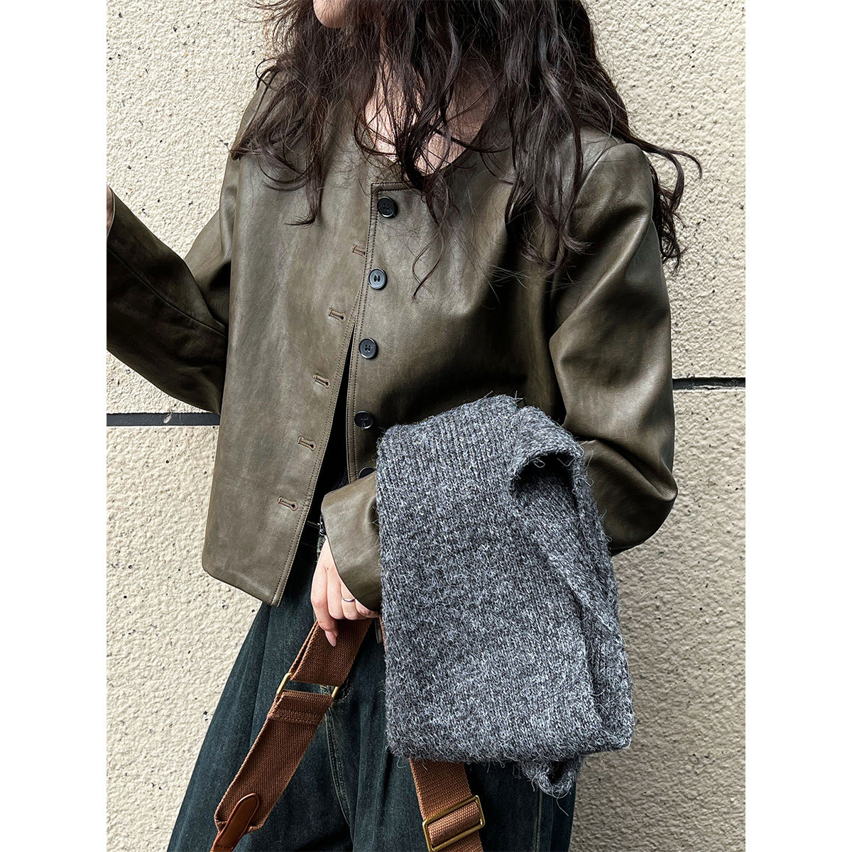 Vintage round neck leather jacket
