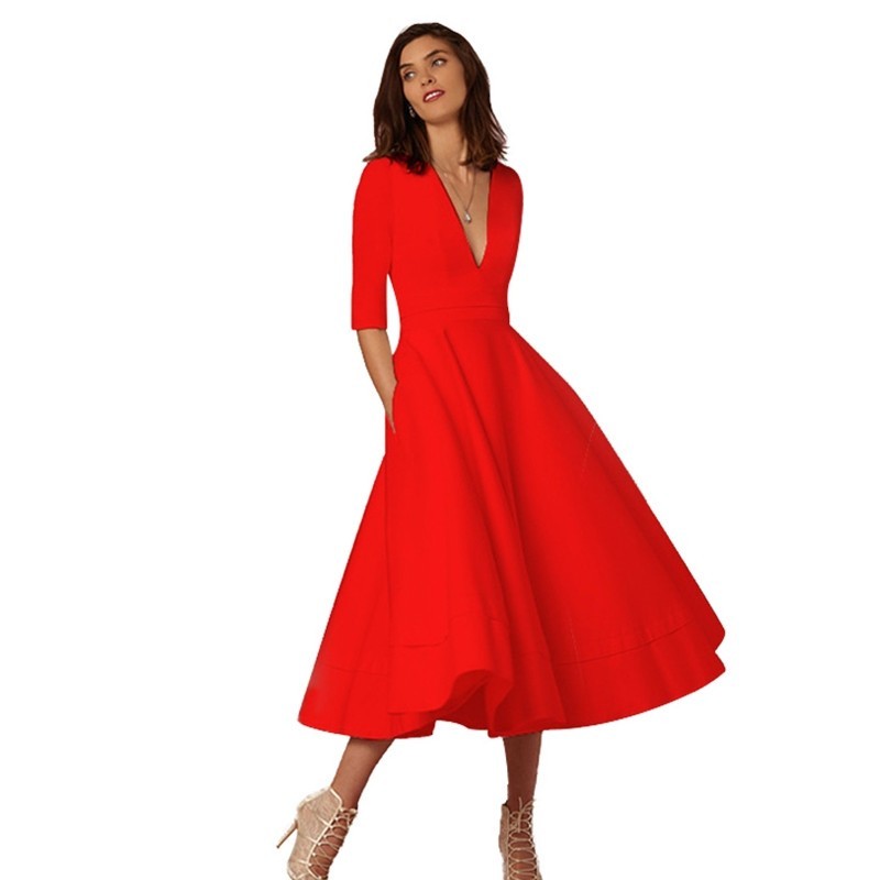 V-neck Dresses Retro 60s Swing Sleeve