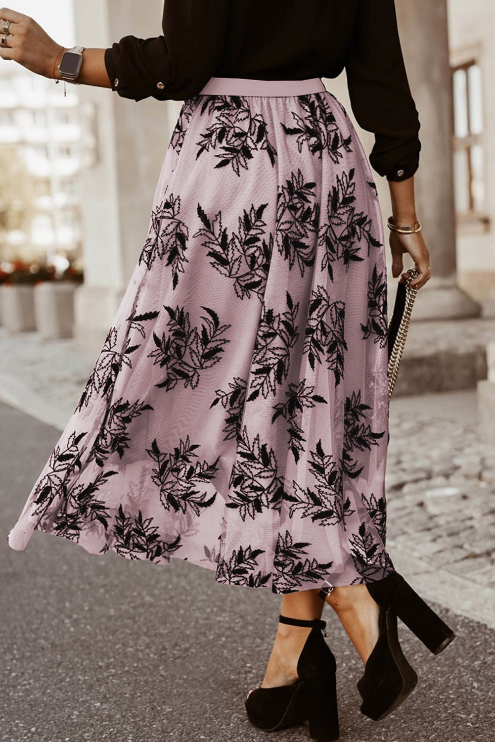Maxirock mit hoher Taille und Blumenstickereien in Pfirsichblüten-Optik