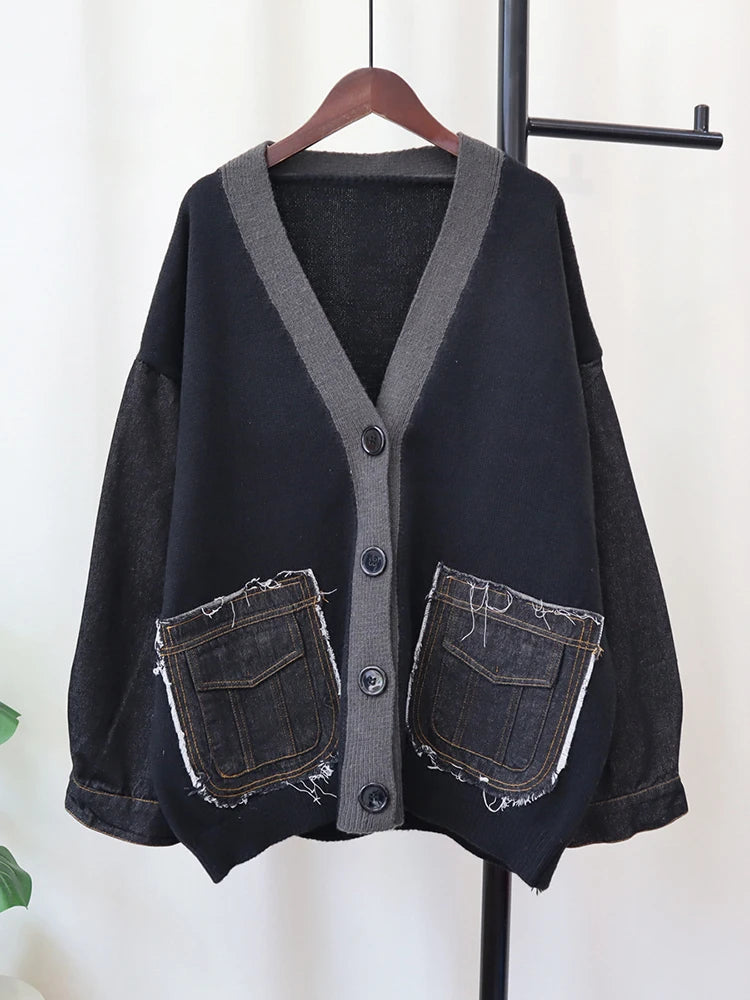 Streetwear Denim Pocket Spliced Sweater Coat
