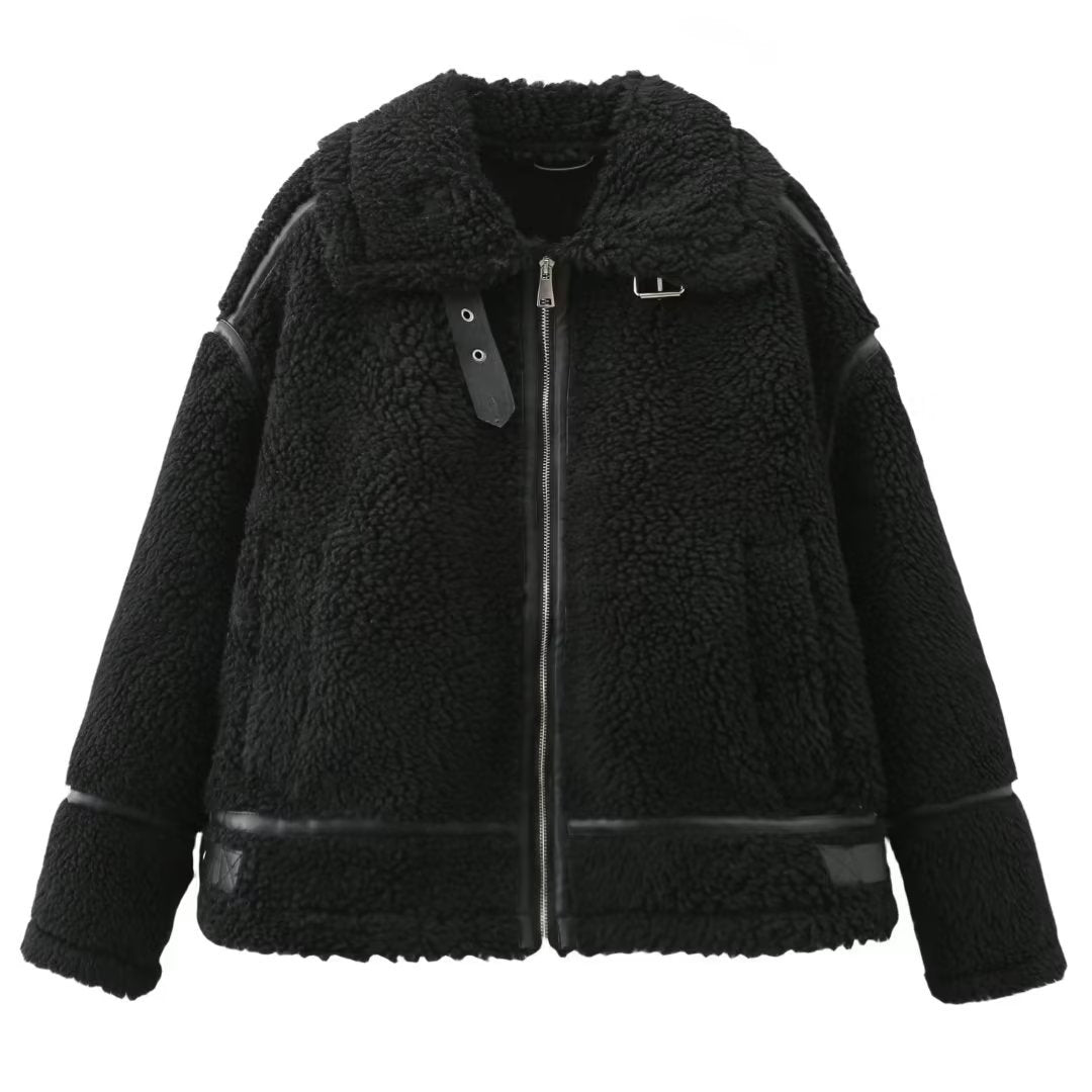 Solid Women Coat Turn Down Collar Zipper Jacket