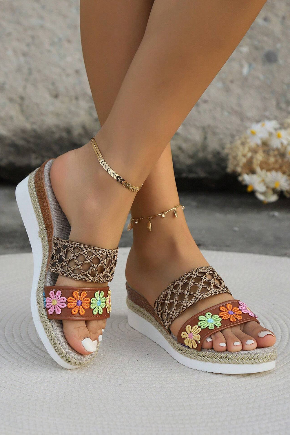 White Floral Wedge Slippers