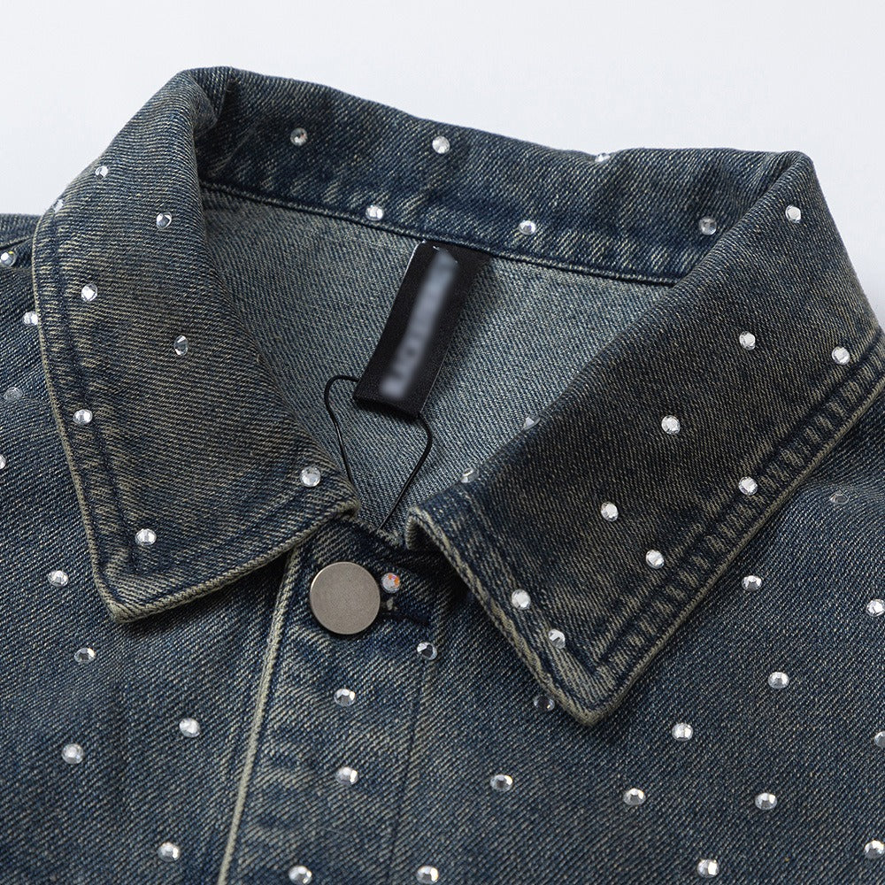 Hot diamond full print denim jacket distressed and dirty loose jacket
