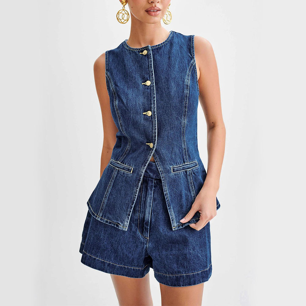 Fashion Denim Suit Casual Button Vest and High Waist Shorts Set