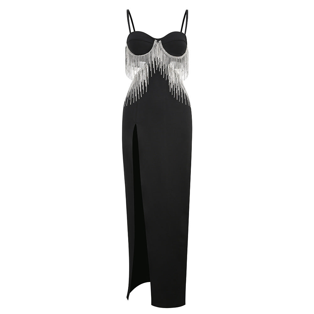 High-End Diamond Tassel Sexy Slit Dress Women