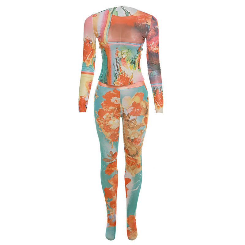 Printed High Waist Slim Pants Suit
