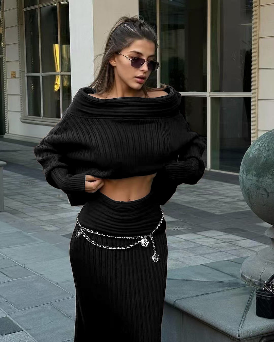 Elegant Off Shoulder Sweater Pullover Knitted Two Piece