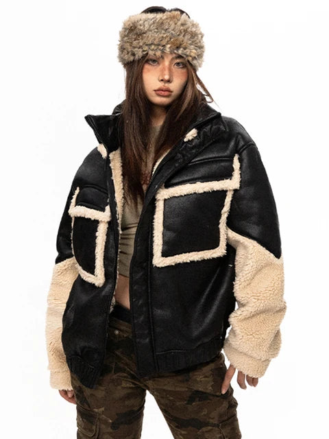 Leather Spliced Lamb Wool Padded Coat Vintage