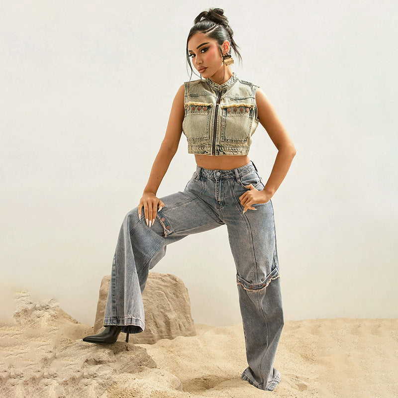 Women Vintage Streetwear Washed Denim Pants