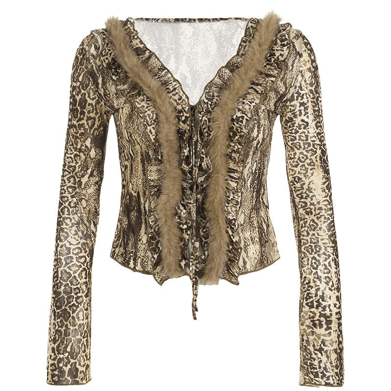 Leopard Print Fur Collar Long Sleeve Sets