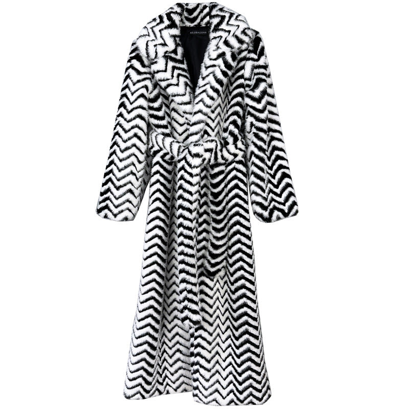 Super Long Faux Fur Coat Luxury Striped Furry Jacket