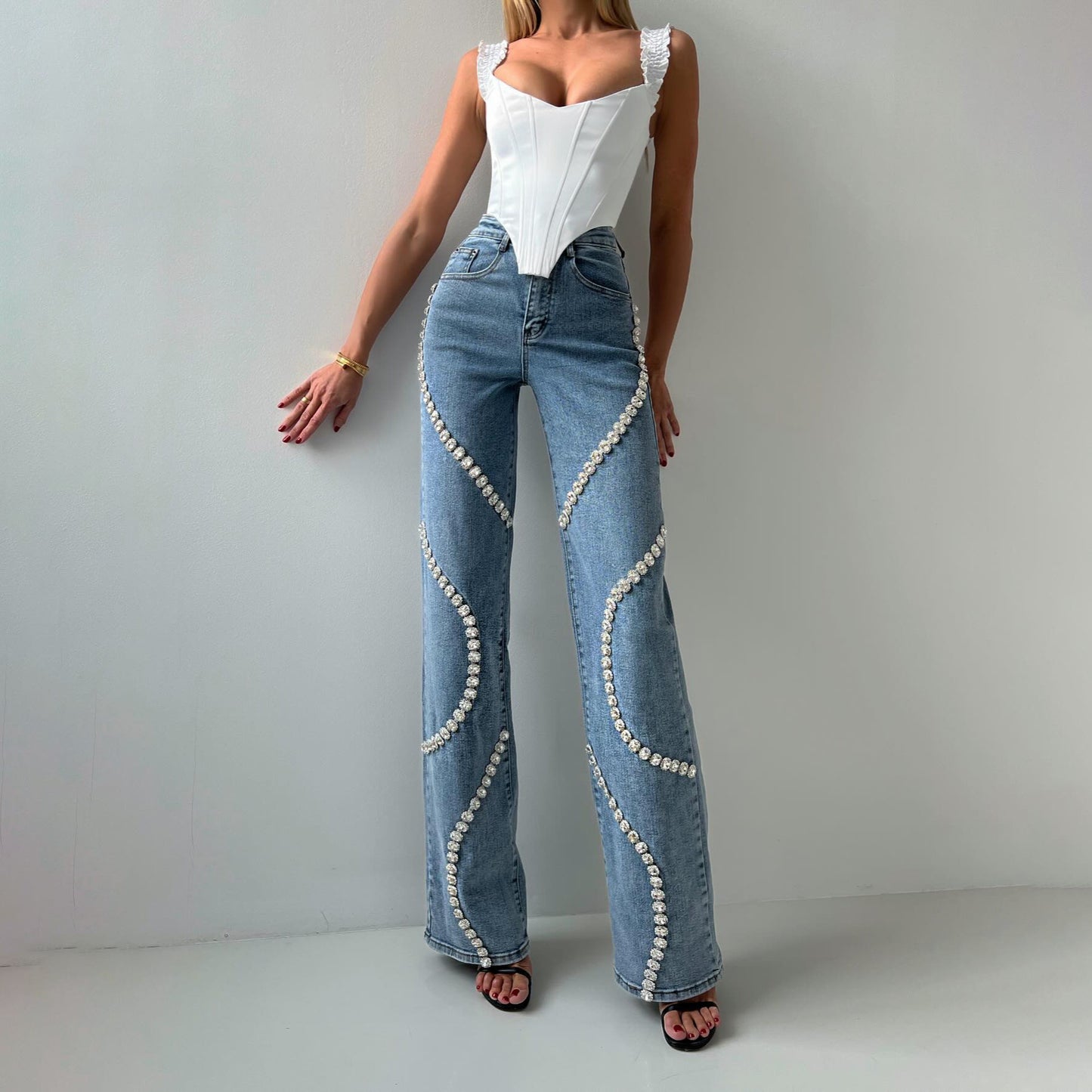 Fashionable Pants With A Rhine Stone Denim Design