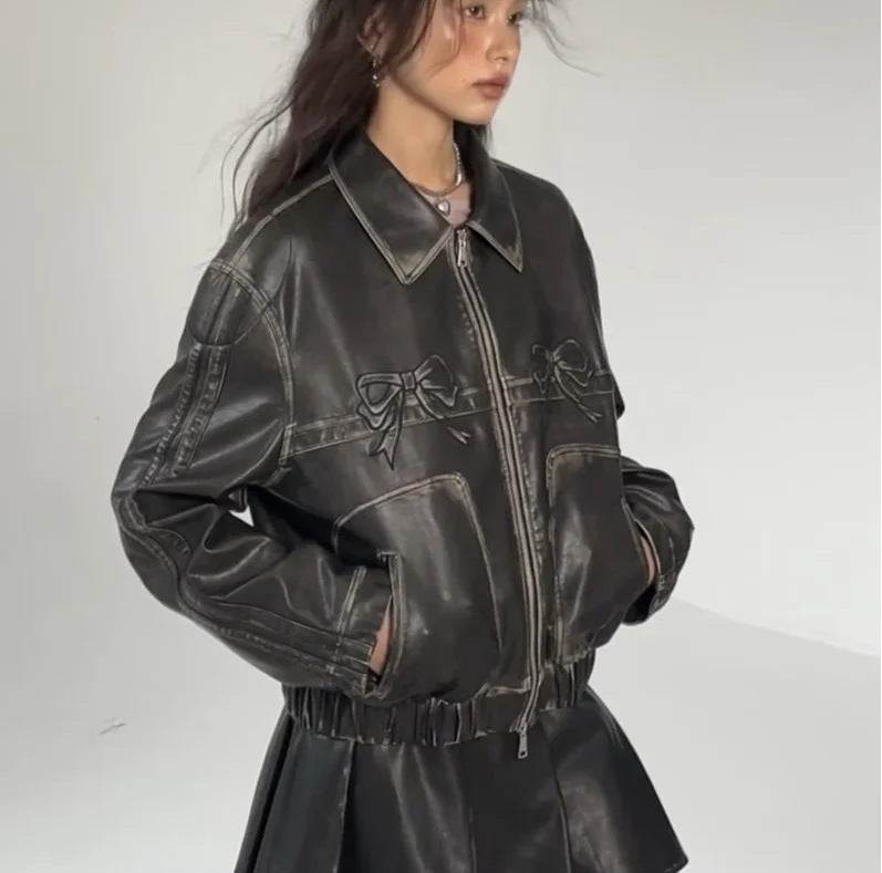 Leather Jacket Personalized Street Sweet Cool Bow