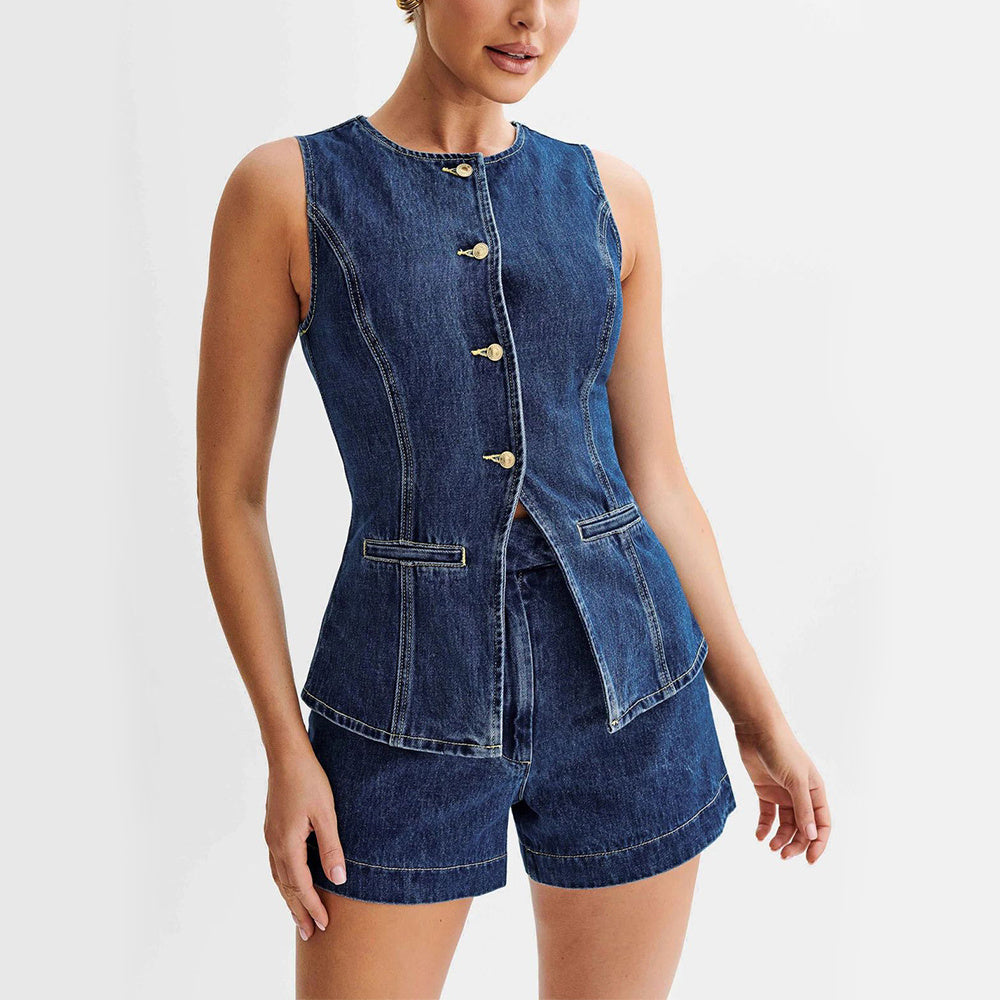 Fashion Denim Suit Casual Button Vest and High Waist Shorts Set