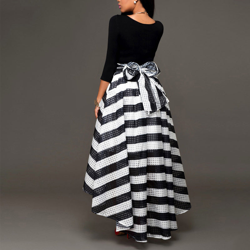 Two-piece suit skirt long-sleeved shirt and striped skirt