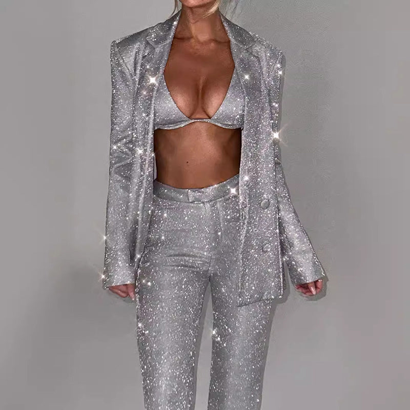 3pcs Pant Suit With Bra Shiny set For Women