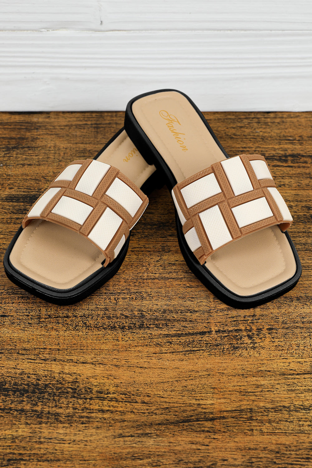 Beige Leather Square Toe Slippers